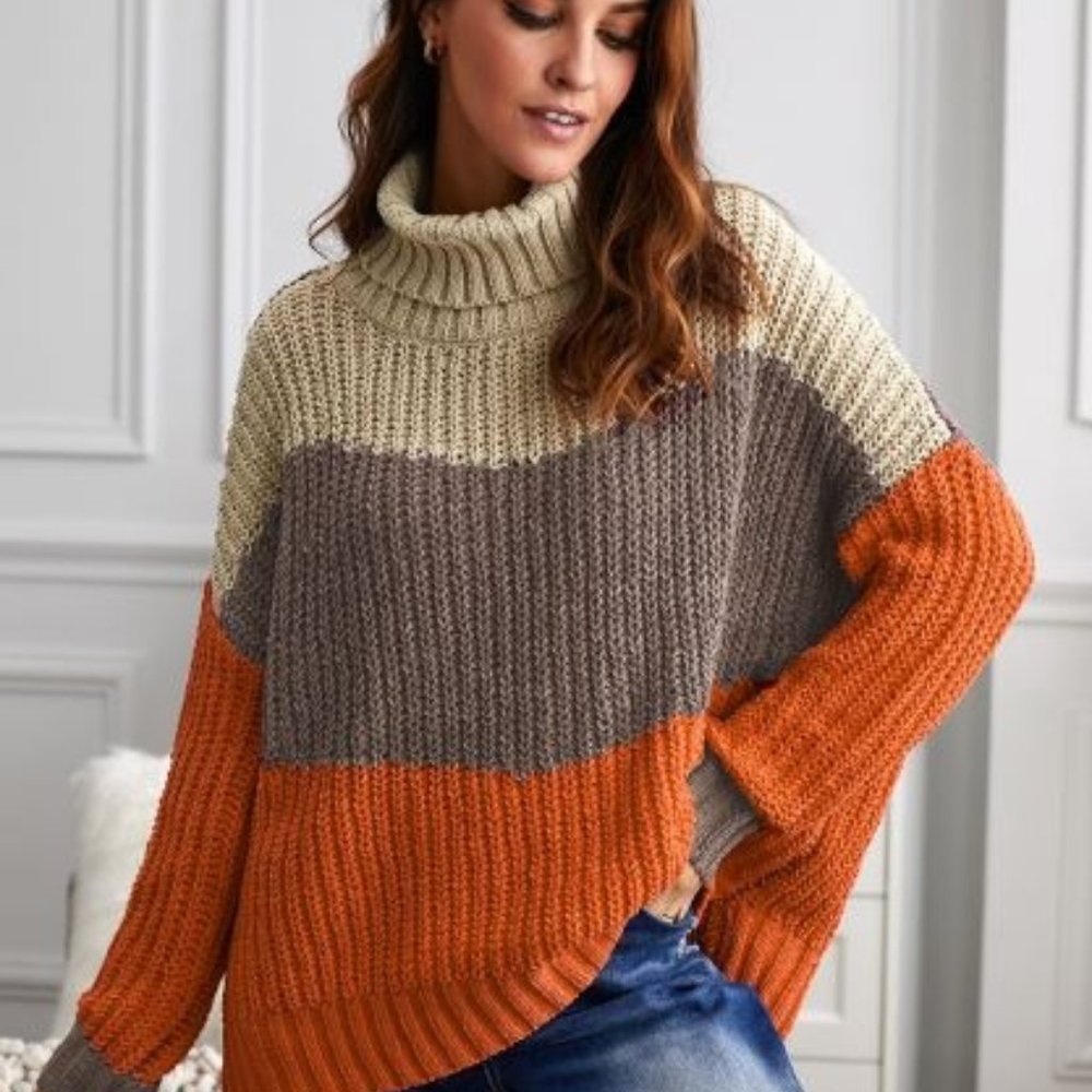 Orange Cowl Neck Colorblock Cable Knit Sweater